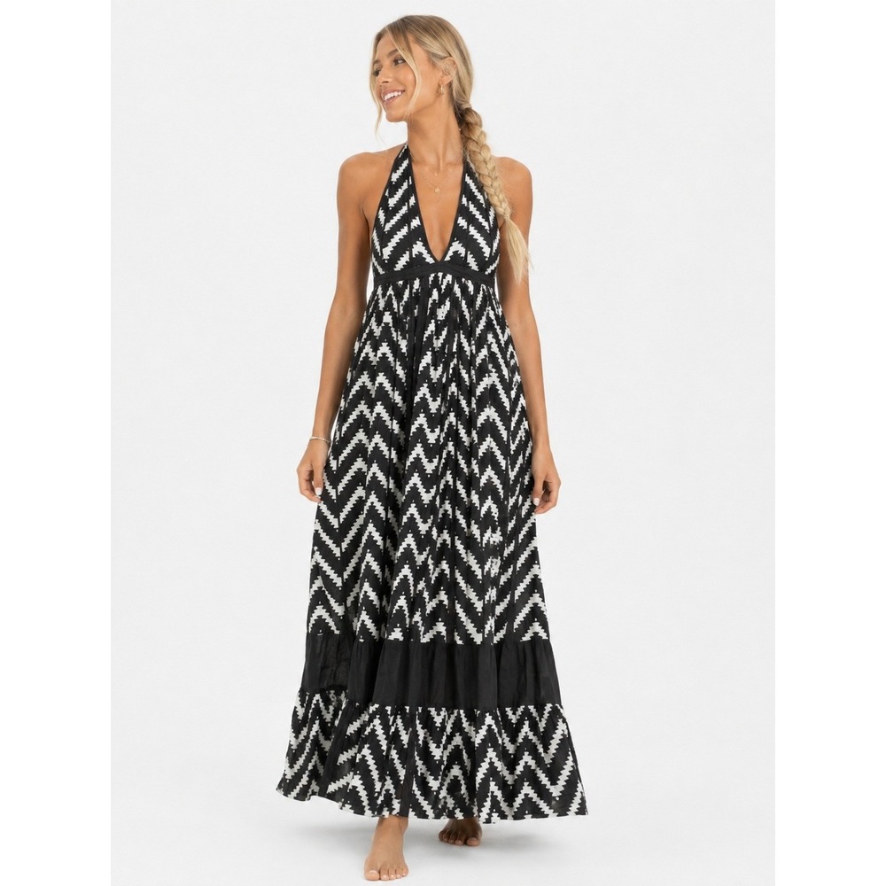 ba&sh Black White Geometric Chevron Halter Maxi Dress Tiered Ruffle Size 1 S